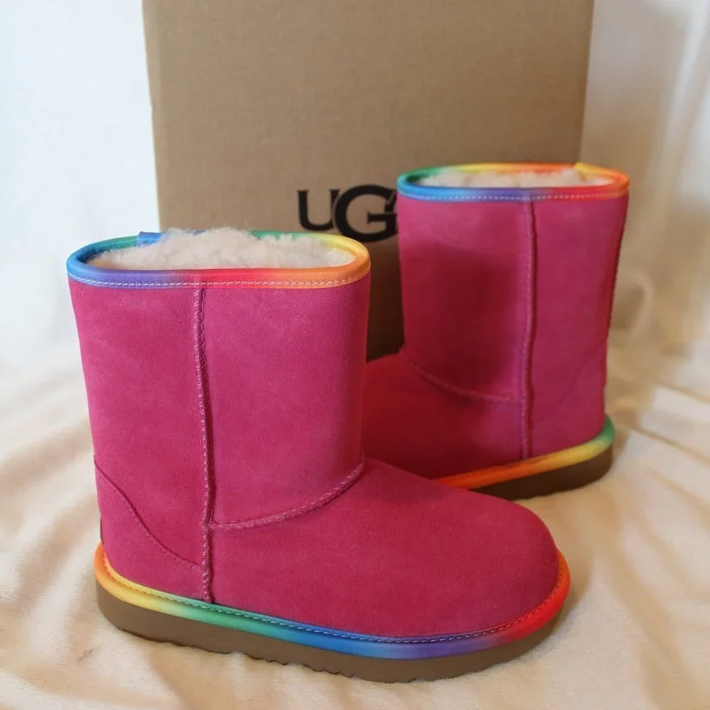 NIB UGG GIRL'S RAINBOW SUEDE SHEARLING BOOTS FUSCHIA PINK PURPLE‎